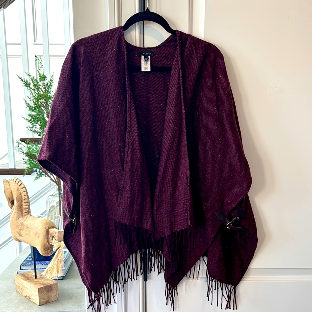 TALBOTS Burgundy Fringe Poncho With Faux Leather Buckle Detail